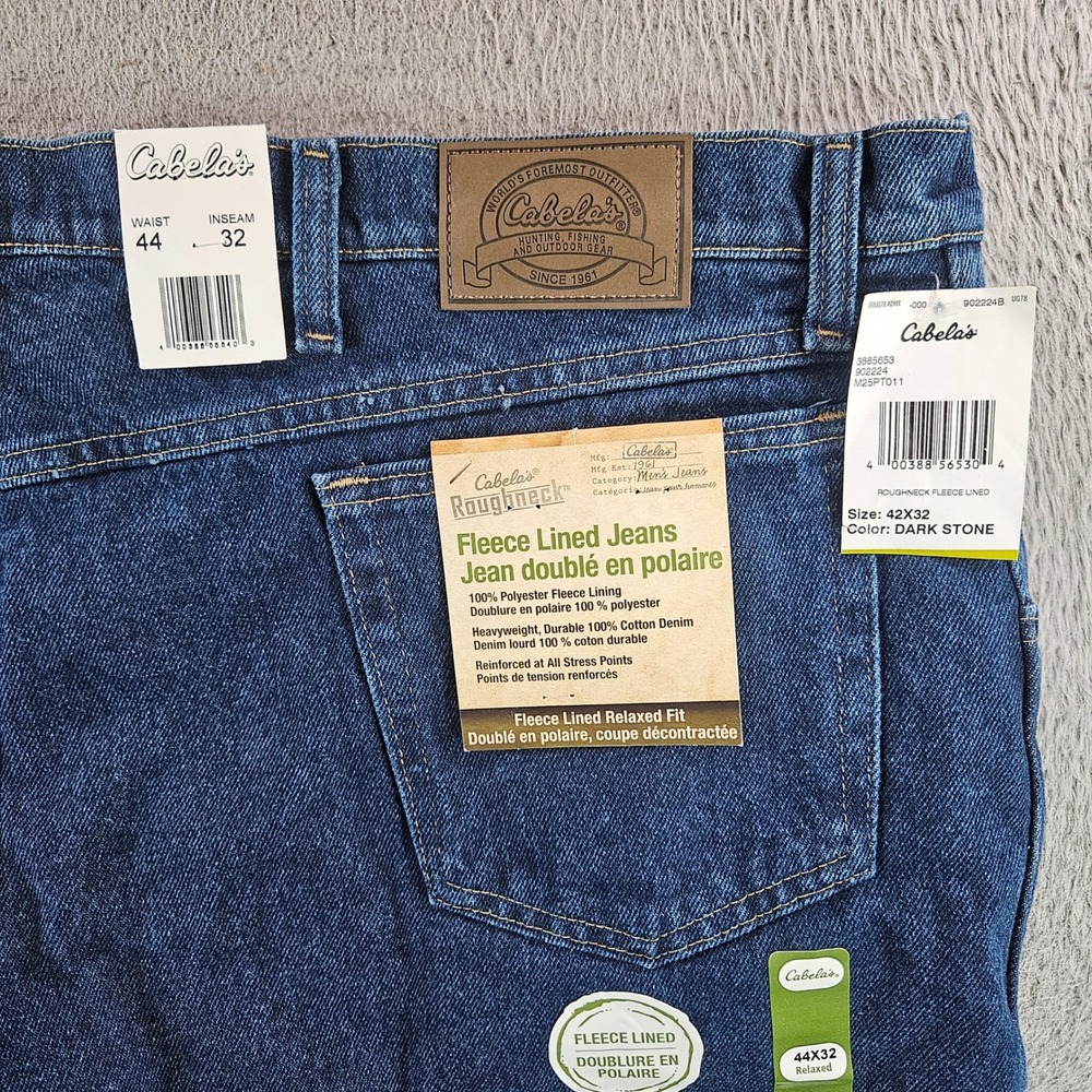 Cabelas Roughneck Mens Fleece Lined Relaxed Fit Jeans Dark Stone 44x32 NEW NWT
